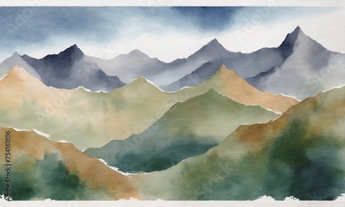 Watercolor mountain landscape. Hand drawn illustration with mountains and blue sky.