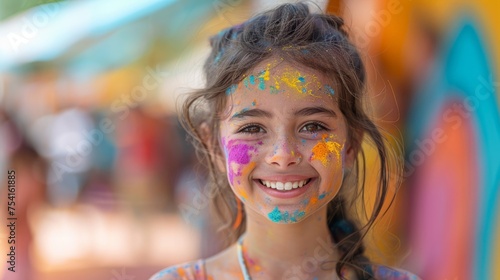 A portrait photograph of a smiling girl, her face covered in holi paint