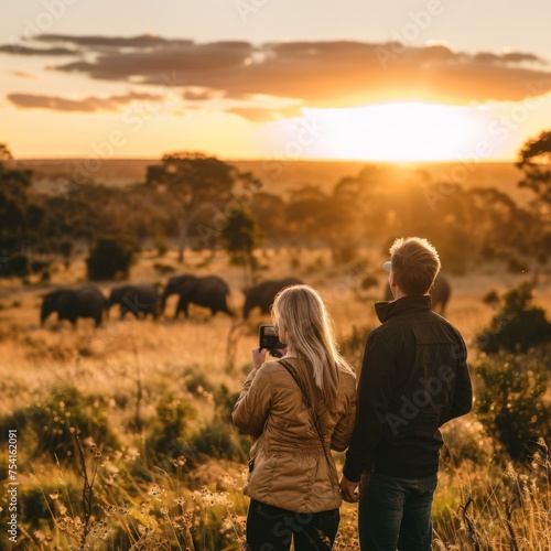 A couple of a man and woman standing in front of a field of elephants. Generative AI.