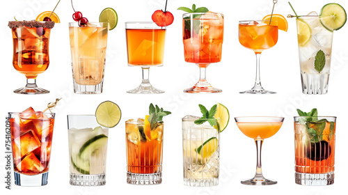 Set of twelve different cocktails on white background