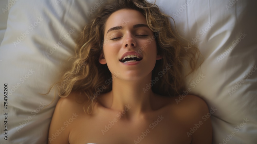 Female orgasm. Women's pleasure. A beautiful female is enjoying and feels good. Female lying on a white bed Female orgasm. Women's pleasure. A beautiful female is enjoying and feels good. Female lying on a white bed