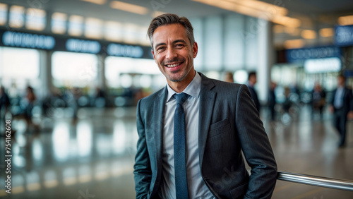 A person in suit smiling, portrait of a man, businessman smiling at the airport