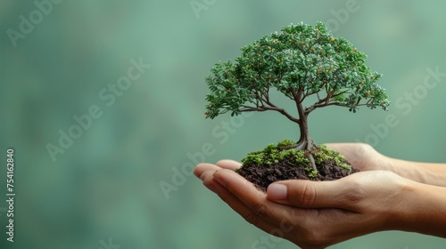 Generate a minimalist image featuring hands delicately cradling a miniature tree against a vibrant, clear white backdrop, reinforcing themes of environmental care and global consciousness.
