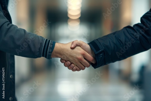 Two business people shaking hands in an office environment.