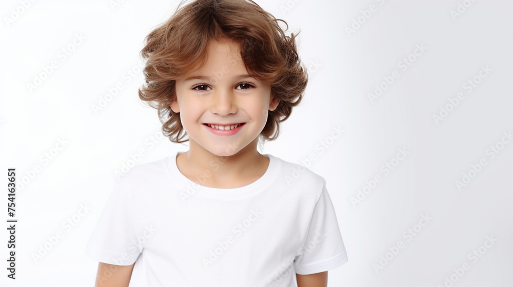 Smiling boy in a white T-shirt on a white background mockup. Childhood lifestyle concept. Mockup copy space Smiling boy in a white T-shirt on a white background mockup. Childhood lifestyle concept. Mockup copy space