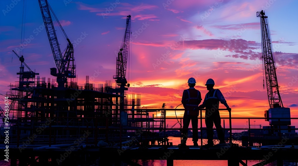 Construction Workers. Silhouettes of workers stand out against a fiery orange sunset sky