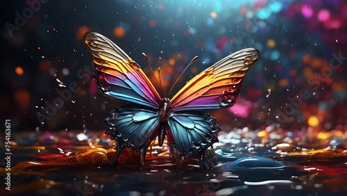 Butterfly on top of background, multicolor chrome, creative colorful sign made of water drops and smoke, butterfly background, artistic, ultra realistic, splash effect, incredible details, rich rainbo © Muhammad