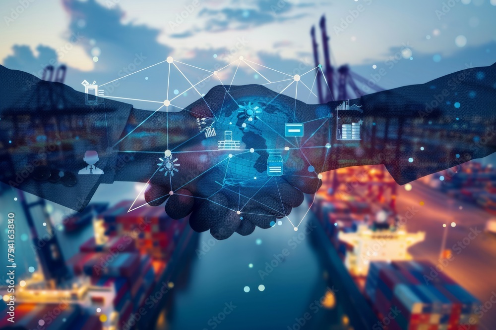 Fototapeta premium Global business handshake with digital interface of logistics and data.