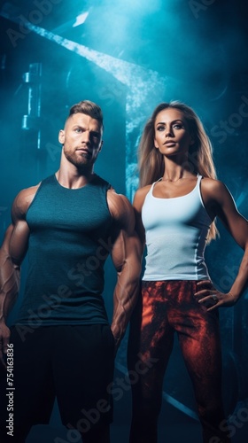 A muscular Athletic couple, a man and a woman show off their muscles, Beautiful toned Bodies in the gym. Training, Trainer, Fitness Sports, Motivation, Running, Healthy Lifestyle concepts.