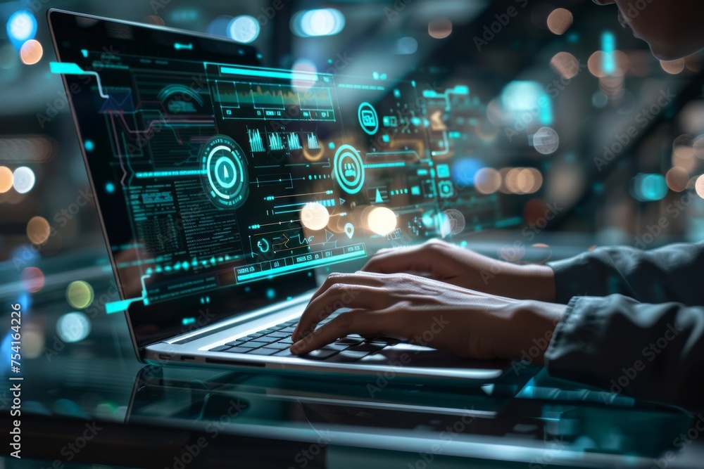 Business professional working on a laptop with a virtual interface. Business professional working on a laptop with a virtual interface.