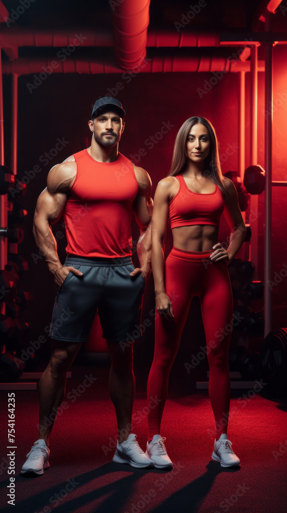 A muscular athletic couple wearing red sports clothes look at the camera in the gym. Training, Trainer, Fitness Sports, Motivation, Running, Healthy Lifestyle concepts. A muscular athletic couple wearing red sports clothes look at the camera in the gym. Training, Trainer, Fitness Sports, Motivation, Running, Healthy Lifestyle concepts.