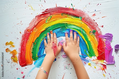 the hands of a small child drawing rainbow on the white wall with bright color paint