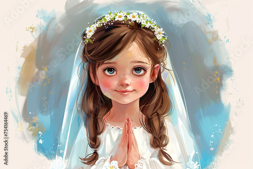 beautiful cartoon little girl dressed for first communion