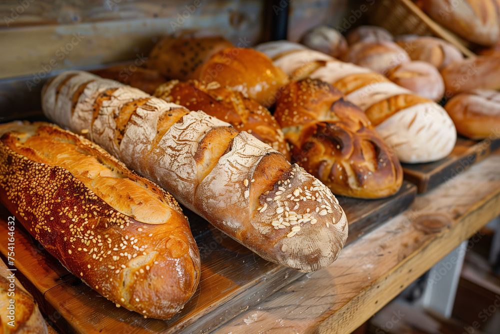 Assorted bread loaves and rolls displayed on wooden bakery shelf Assorted bread loaves and rolls displayed on wooden bakery shelf