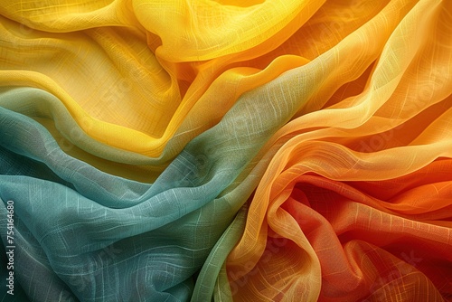 Abstract textile cloth waves blue and yellow colored, linen fabric wallpaper background