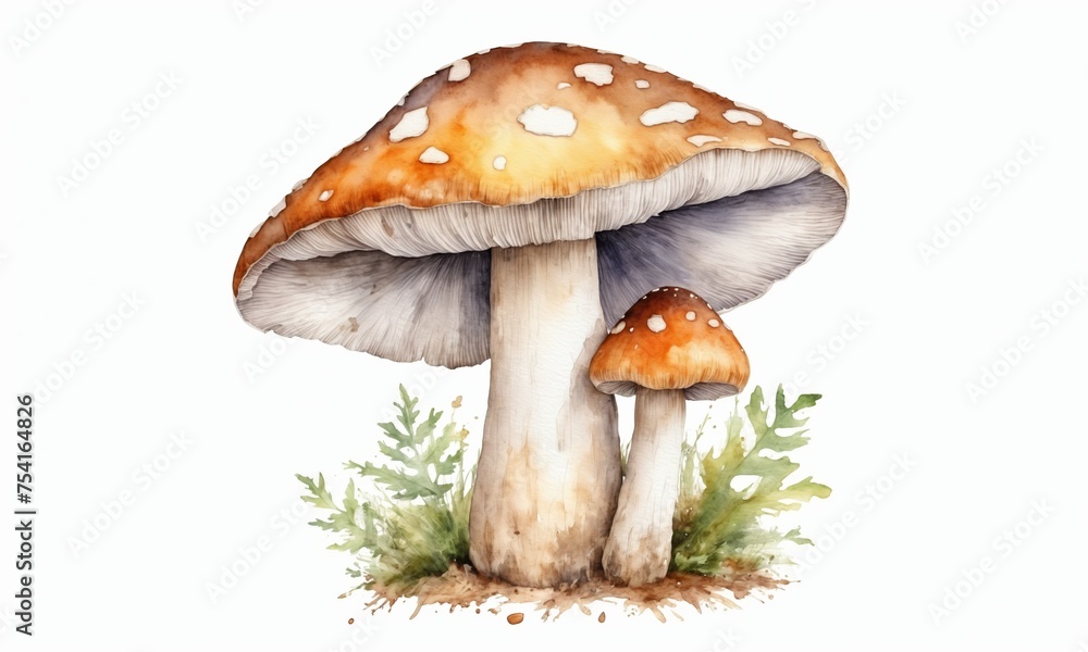 watercolor drawing of fly agaric mushrooms with grass isolated on white background