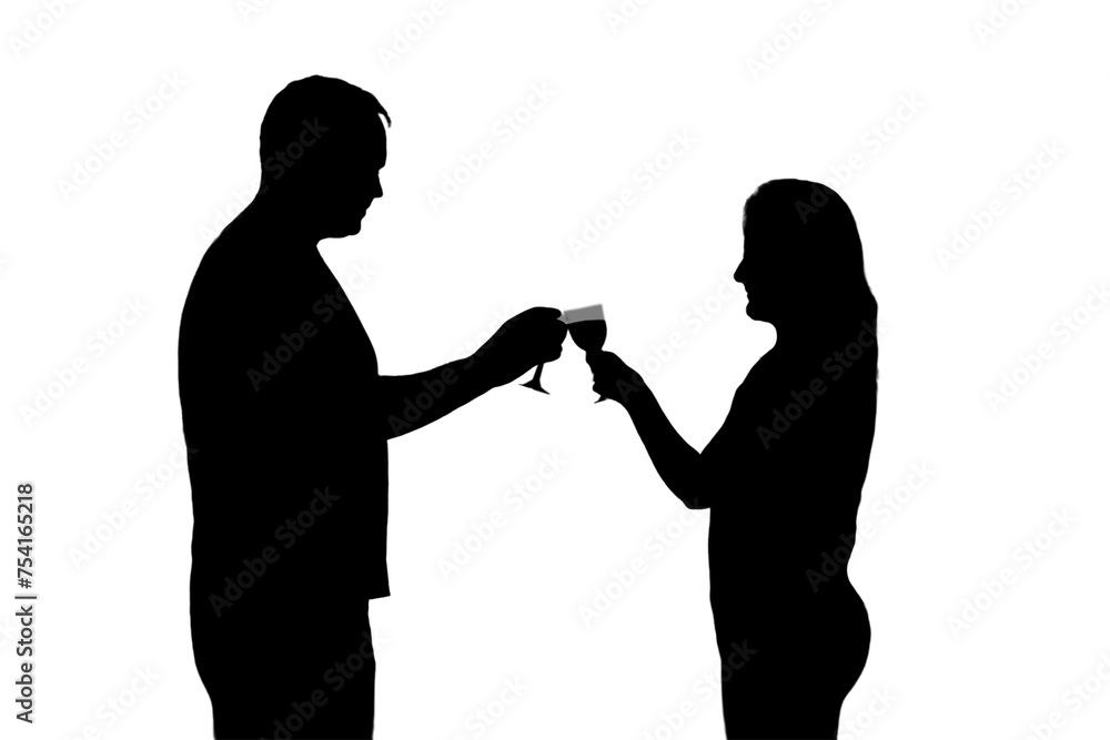 Silhouette of a man and a woman drinking wine, isolated on a white background. Married couple husband and wife having drinking problems in evening light of home living room