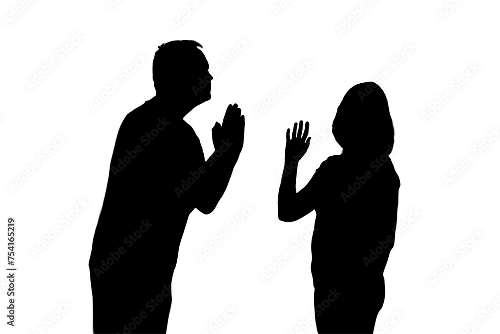 A man asks a woman for forgivenessisolated, isolated on a white background. Silhouette of husband and wife couple, domestic quarrel concept