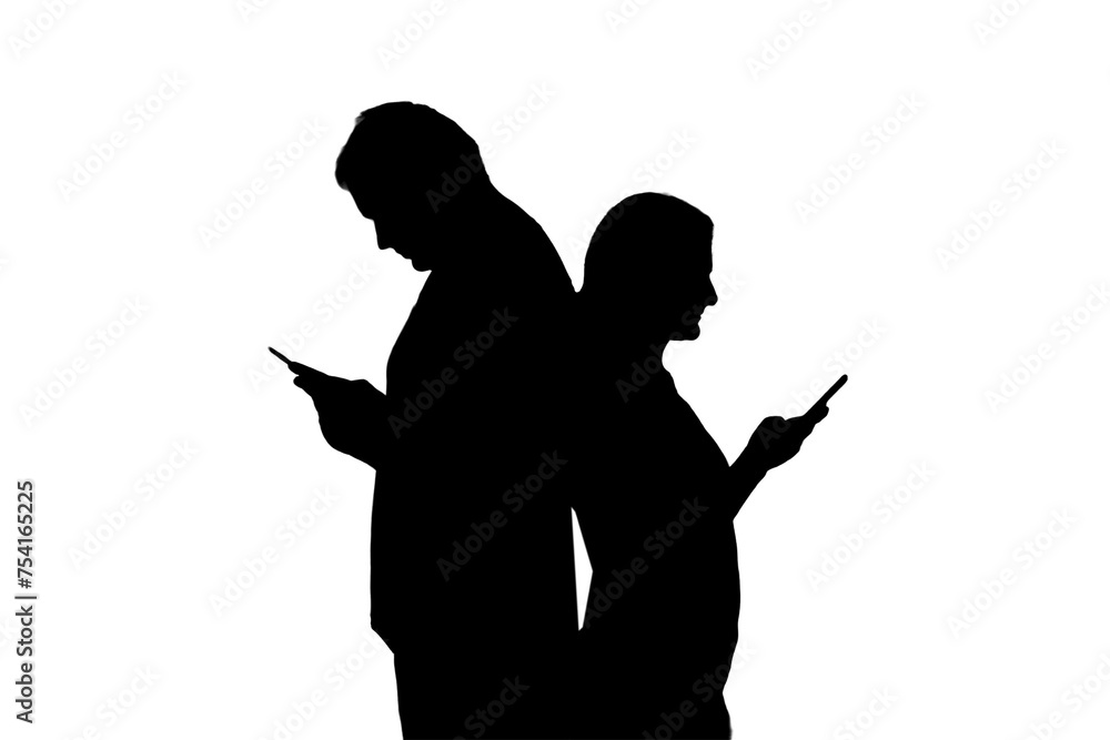 Silhouette of a man and a woman with phones, isolated on a white background. Couple husband and wife having relationship problems in the evening light