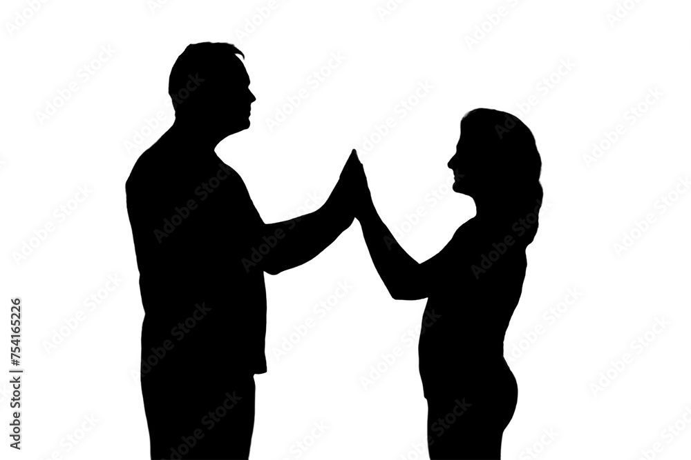 Silhouette man and woman, isolated on a white background. Couple husband and wife, love in the evening light of the home living room