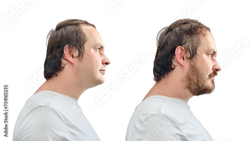Portrait of a man 35-40 years old with a beard and without a beard, face in profile, isolated on a white background. Adult man before and after shave © Андрей Журавлев