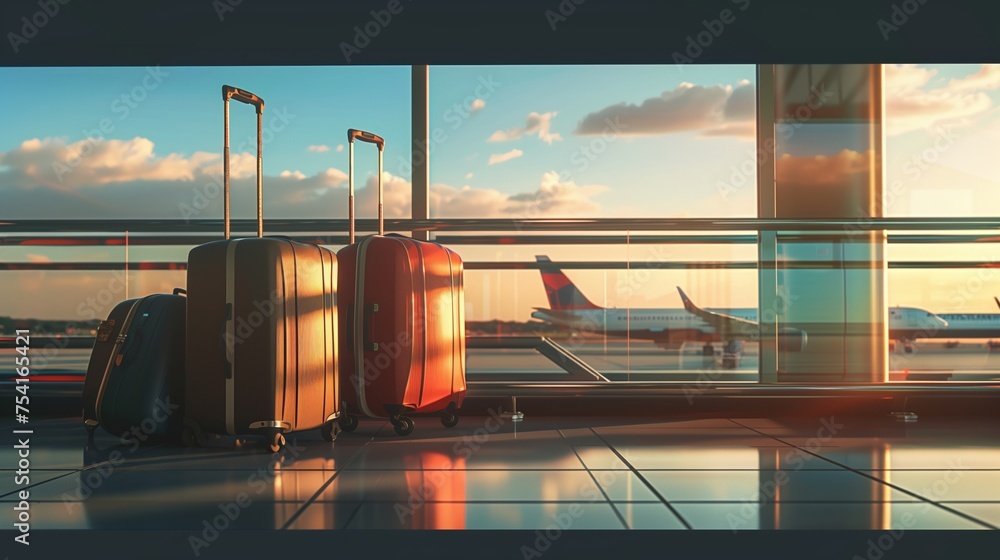 Suitcases at the airport in front of a window with a plane taking off ...