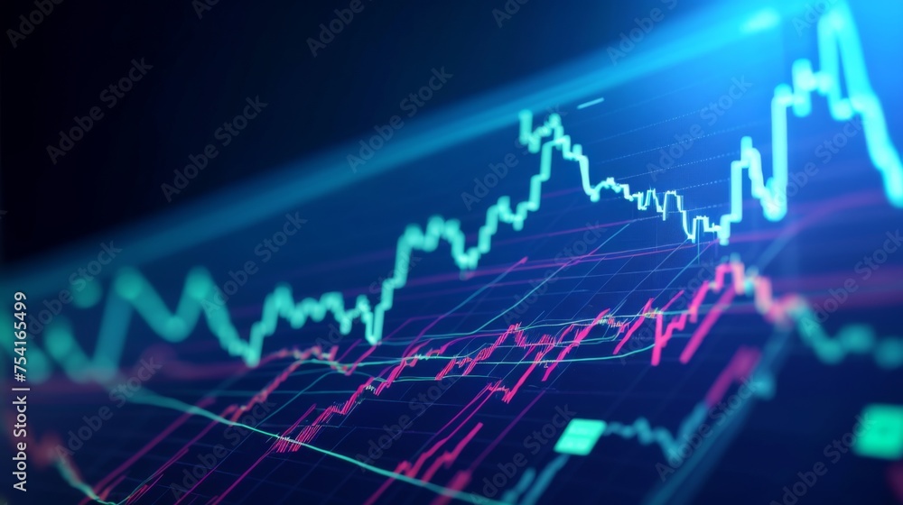 Fotografie Active digital financial indicators blue pink lines on dark background