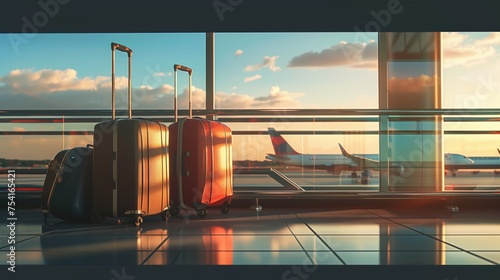 Suitcases at the airport in front of a window with a plane taking off in the background. A travel concept.