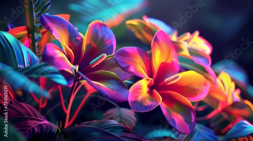 Tropical flowers with vibrant colors under neon backlighting.