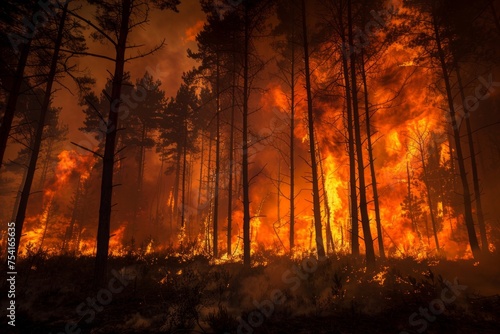 Forest fire burning trees with intense flames and smoke.