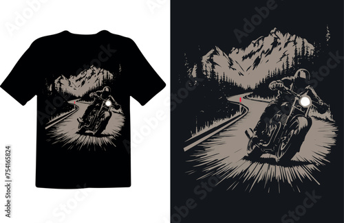 "Mountain Road Motorcycle Rider T-Shirt Design with Vintage Speed Effect"