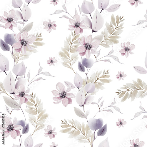 Watercolor pattern with the purple, pink  flowers and wild herbs.