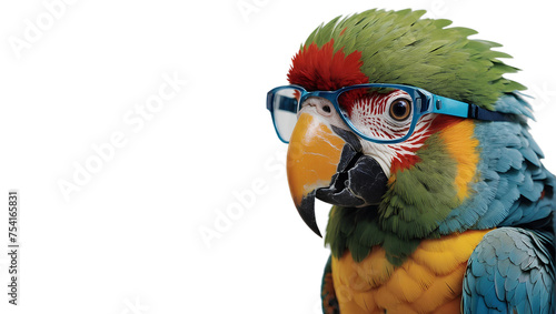 Beautiful parrot wearing plastic glasses isolated on transparent background. birds photo