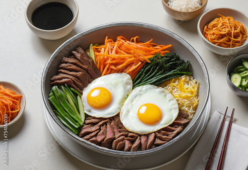Traditional Korean dish bibimbap with fried agg, beef and vegetables