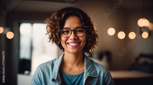 Beaming figure with spectacles grins warmly in softly illuminated room  photo