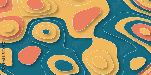 Colorful multi layers soft texture 3D paper cut topography relief banner. Papercut texture with topographic background, curved layers and elevation contour vector illustration