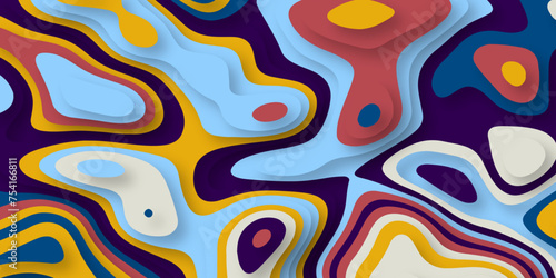 Colorful multi layers soft texture 3D paper cut topography relief banner. Papercut texture with topographic background, curved layers and elevation contour vector illustration