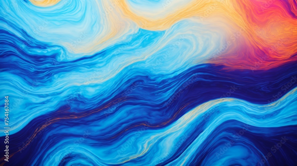 Bold blue and crimson swirls meld in a flowing abstract design 
