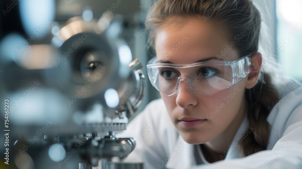 A female engineer wearing safety goggles and inspecting a mechanical component with precision - obrazy, fototapety, plakaty 