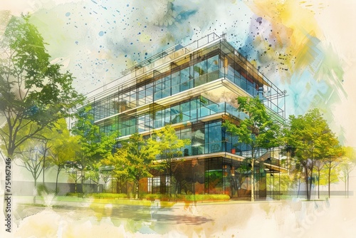 Artistic rendering of a modern green office building with trees