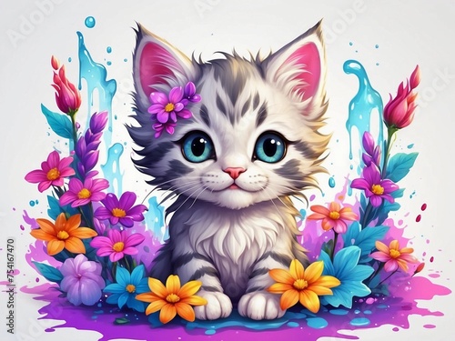 STICKER, A detailed a print of vivid cute kitten head, fantasy flowers splash