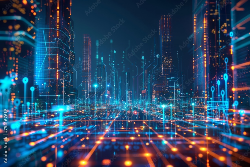 Futuristic digital cityscape with neon circuit lines