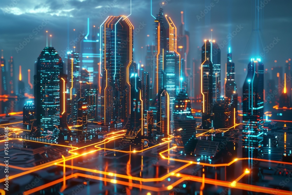 Fototapeta premium Futuristic digital cityscape with neon circuit lines