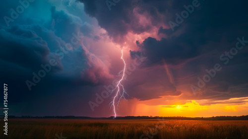 Lightning Strike at Sunset Over Field