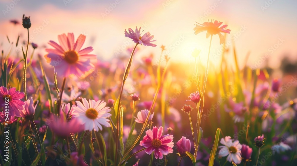 The warm glow of the sunset softly illuminates a field of delicate pink wildflowers, creating a dreamy and serene landscape.