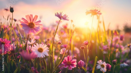 The warm glow of the sunset softly illuminates a field of delicate pink wildflowers  creating a dreamy and serene landscape.