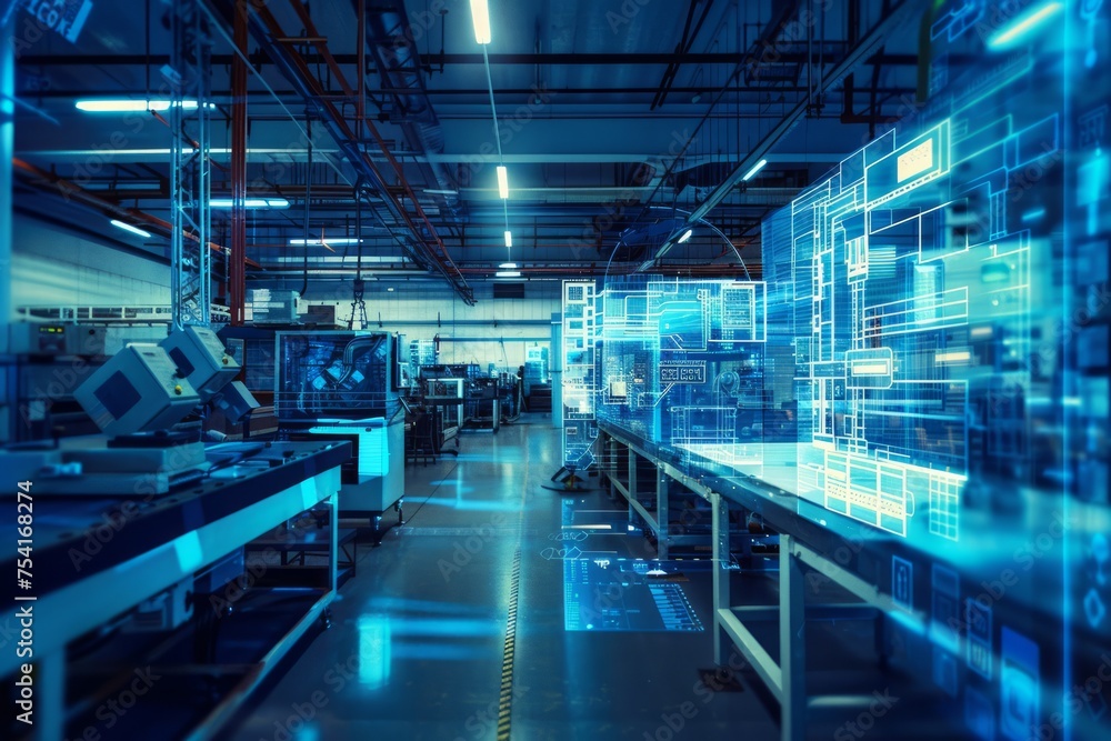 Modern manufacturing plant with holographic machine overlays Modern manufacturing plant with holographic machine overlays