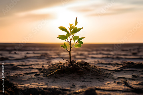 plant in the sand, a lone, withered tree standing on a barren landscape, with a single green shoot emerging from its base, generative ai