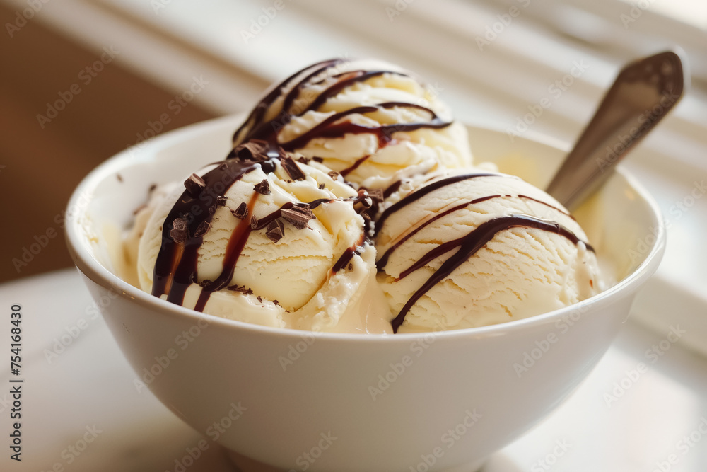 Vanilla ice cream with chocolate syrup Vanilla ice cream with chocolate syrup