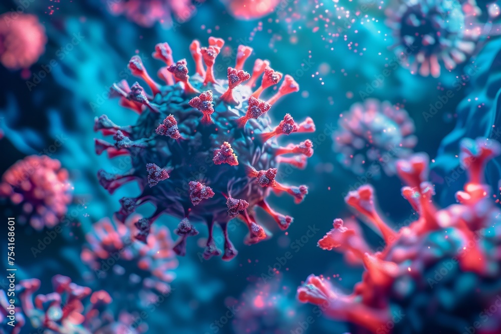 Close-up of a virus particle with smaller particles around it. Close-up of a virus particle with smaller particles around it.
